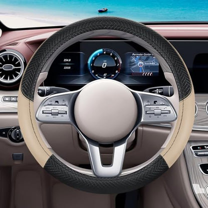 Black & Beige Car Steering Wheel Cover, Microfiber, Leather Patchwork, Universal 14.5-15 Inch Leather Anti-Slip Breathable Auto Steering Wheel Covers for Men Women - color: Black & Beige