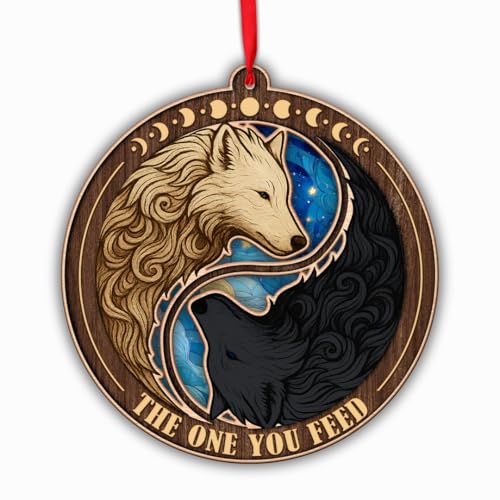 Wolf Ornament, Ornament Car Mirror Hanging Accessories, Yin Yang Ornaments Car Decor for Rear View Mirror, 2 Layer Wood and Acrylic Keepsake, Gift for Wolf Lover, Window Decor, Gift for Men, Women