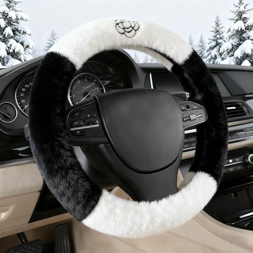 Camellia Flower Plush Steering Wheel Cover, Universal 14.5-15 Inch Winter Plush Warm Steering Wheel Cover, Soft Fluffy, Anti-Slip Design, Soft Texture (Black+White) - color: Camellia Flower