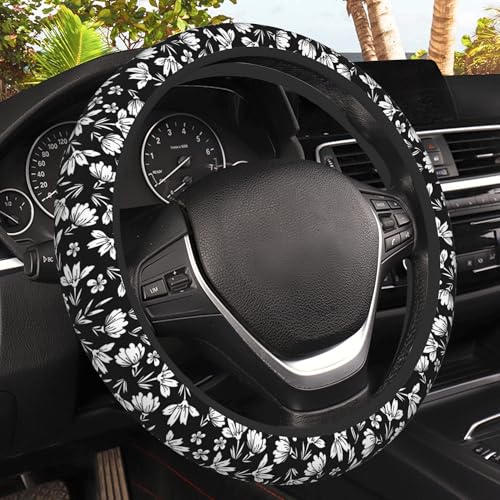 Small Flowers Steering Wheel Cover, White and Black Floral Elastic Non-Slip Steering Wheel Protector,Auto Interior Decor for Women Girls,Universal 15" Fit for Sedans,Trucks - color: Small Flowers