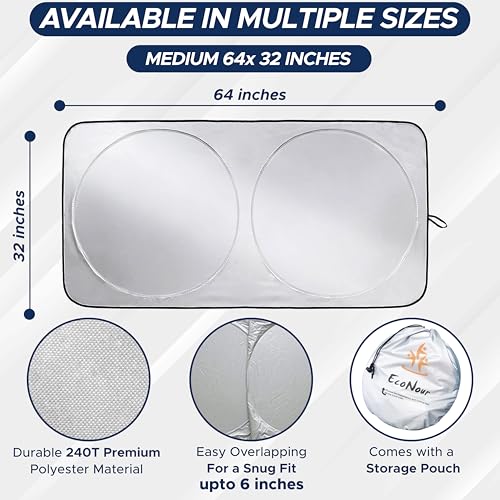 EcoNour Car Windshield Sunshade | Blocks 99% Heat & Keeps Interior Cool | Universal Fits Cars, SUVs, Trucks | Automotive Sun Screen, Visor & Car Accessories for Summer | Medium (64x32 Inches) - size: Medium
