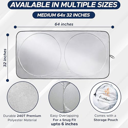 EcoNour Car Windshield Sunshade | Blocks 99% Heat & Keeps Interior Cool | Universal Fits Cars, SUVs, Trucks | Automotive Sun Screen, Visor & Car Accessories for Summer | Medium (64x32 Inches) - size: Medium