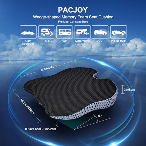 Premium Car Seat Cushion for Enhanced Comfort - 100% Polyurethane Wedge-Shaped Memory Foam Design, Improves Driving Visibility & Relieves Sciatica and Coccyx Pain.