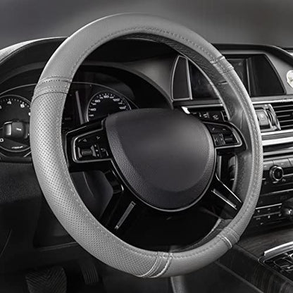 Car Pass Classical Leather Automotive Universal Steering Wheel Covers,Universal Fit for Suvs,Trucks,Sedans,Cars,Vans,14.5-15inch Anti-Slip Safety Comfortable Desgin(Gray)
