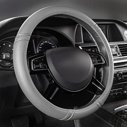 Car Pass Classical Leather Automotive Universal Steering Wheel Covers,Universal Fit for Suvs,Trucks,Sedans,Cars,Vans,14.5-15inch Anti-Slip Safety Comfortable Desgin(Gray)
