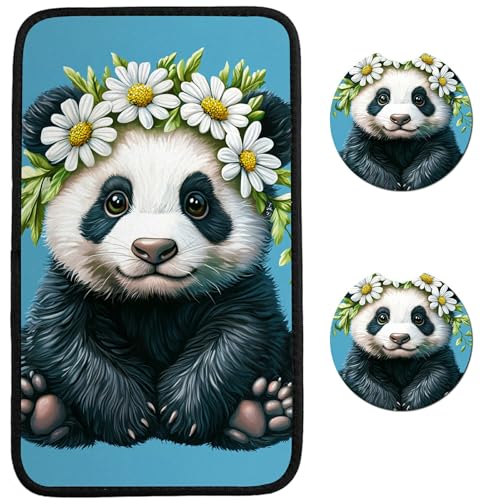 Universal Auto Center Console Pad and 2Pcs Car Coasters Set, Anti Slip Soft Neoprene Car Armrest Seat Box Cover Protector for Most Vehicle - Car Interior Accessories, Daisy Panda - color: Daisy Panda