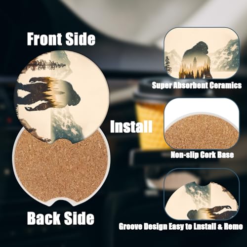 Car Cup Holder Coasters - Bigfoot Mountains Forest Absorbent Ceramic Coaster 2 Pack, Car Coasters for Cup Holders, Fashion Car Interior Accessories Drink Coaster for Women & Men