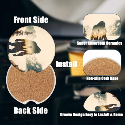Car Cup Holder Coasters - Bigfoot Mountains Forest Absorbent Ceramic Coaster 2 Pack, Car Coasters for Cup Holders, Fashion Car Interior Accessories Drink Coaster for Women & Men