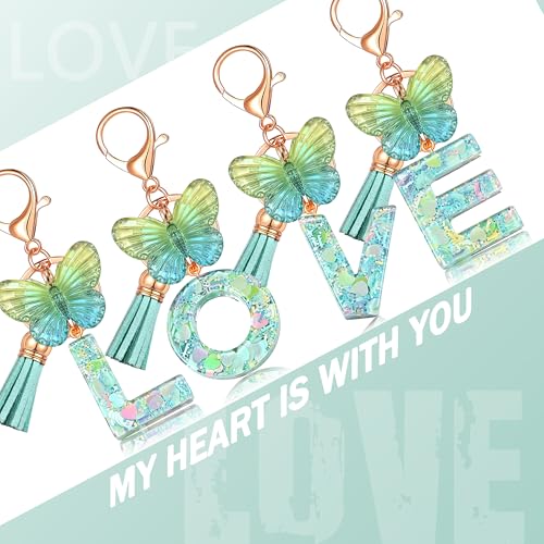 JINGUAZI Initial letter Keychains for Women Tassel Butterfly Pink Purple Cute Car Keychain for Wallet Backpack bag charm - color: A-green