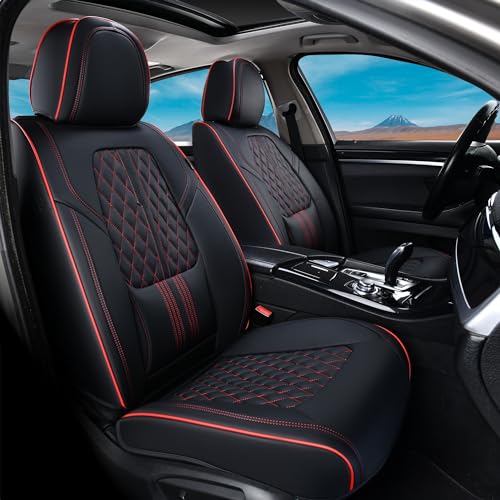 Coverado Nappa Leather Car Seat Covers Front Set, Luxury Waterproof Seat Protectors, Airbag Compatible Anti‑Slip Auto Seat Covers, Universal Fit for Most Cars SUVs Trucks Pickup Vehicles - color: Black&red(lumbar Support), size: Front Pair