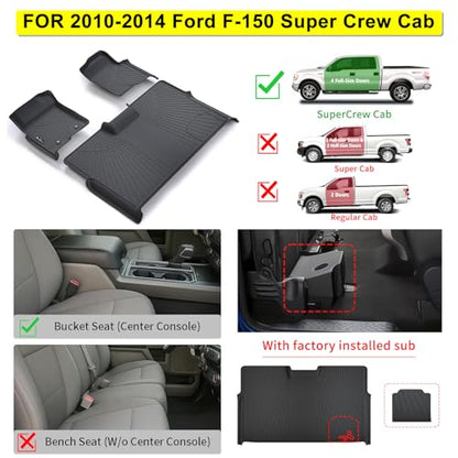 Floor mat for 2010-2013 2014 Ford F-150 SuperCrew/Crew Cab with Bucket Seat，Custom Fit TPE Front and Rear Row F150 Accessories Car Mats-Black - size: For 2010-2014 F-150 floor mat