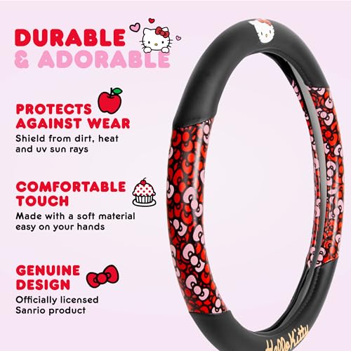 Hello Kitty Steering Wheel Cover Official Sanrio Car Steering Wheel Cover 14.5-15.5 Universal Fit Cute Black Kawaii Car Accessories Non Slip Wheel Cover Women Interior Style (Hello Kitty Bows) - style: Hello Kitty Bows