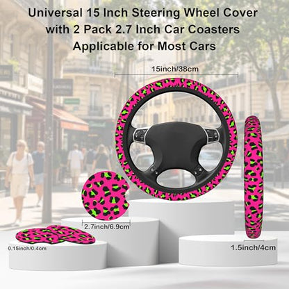 Pink Leopard Steering Wheel Cover,Pink Cheetah Leopard Universal 15" Elastic Car Steering Wheel Cover with 2 PCS Car Coasters,Anti-Slip Breathable Accessories for Auto,SUVs,Truck - color: Pink Leopard