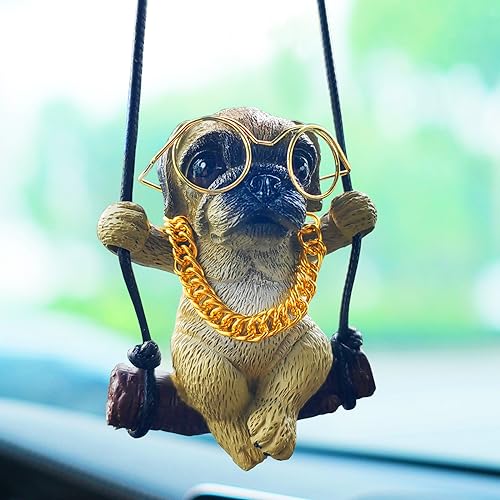 Swinging Dog Car Hanging Ornament, Cute Pug Dog Car Mirror Hanging Accessories, Rear View Mirror Accessories Car Accessories Car Decor Charm, Small Gifts for Women/Men - color: Dog- Pug With Glasses