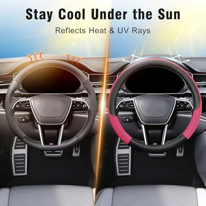 15 inch Steering Wheel Cover, Cooling Ice Silk Mesh with Microfiber Leather, Heat Resistant, Breathable, Anti-Slip, Summer Cool, Universal Fit, Black & Red - color: red, size: Standard Size[14.5"-15"]