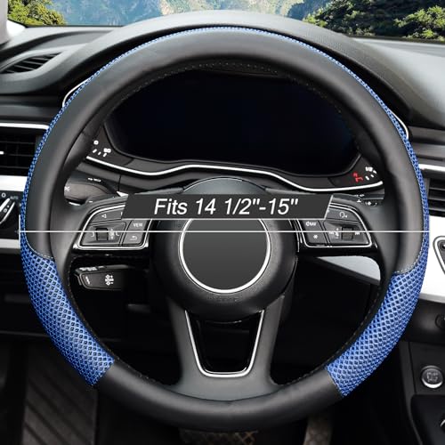 Steering Wheel Cover, Universal 15 inch, Microfiber Leather Viscose, Breathable, Anti-Slip,Warm in Winter and Cool in Summer, Black&Blue - color: blue, size: Standard Size[14.5"-15"]