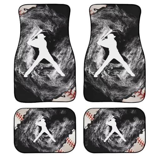 Baseball Print Car Floor Mats Set of 4 Sport Ball Universal Vehicle Floor Carpet Decorative Baseball Player Auto Front Rear Foot Rugs for Trucks SUV Sedan - color: Black and White