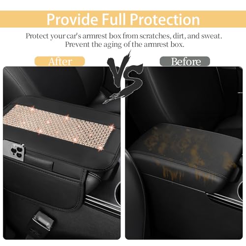 NBTEPEM Bling Car Armrest Cover, Universal Microfiber Leather Center Console Cover with 2 Pockets, Rhinestone Car Armrest Cushion, Bling Accessories Interior for Most Vehicles (Champagne Diamond) - color: Champagne Diamond
