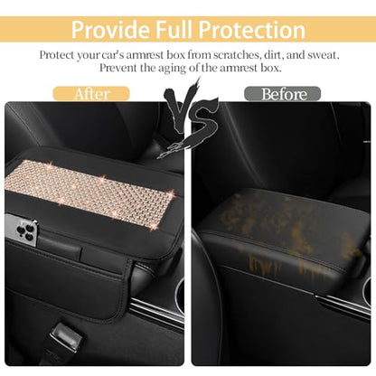 NBTEPEM Bling Car Armrest Cover, Universal Microfiber Leather Center Console Cover with 2 Pockets, Rhinestone Car Armrest Cushion, Bling Accessories Interior for Most Vehicles (Champagne Diamond) - color: Champagne Diamond