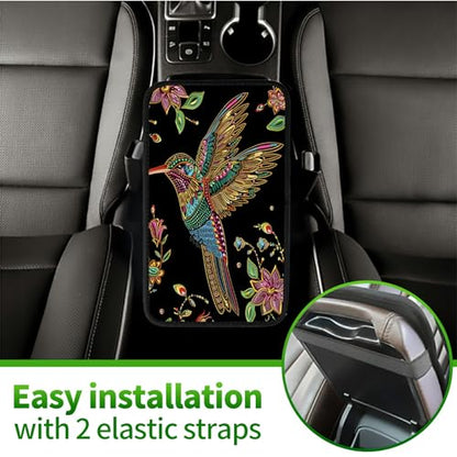Universal Auto Center Console Pad and 2Pcs Car Coasters Set, Anti Slip Soft Neoprene Car Armrest Seat Box Cover Protector Universal Fit - Car Interior Accessories, Hummingbird Flower - color: 491