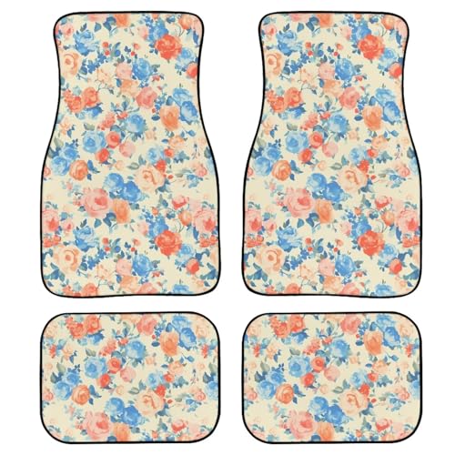 Rose Car Floor Mats Classical Rural Rose Flower All Weather Car 1st 2nd Row Floor Mats Interior Carpet Watercolor Blue Pink Peony Universal for SUV Sedan Car Trucks - color: Watercolor Rose Flower