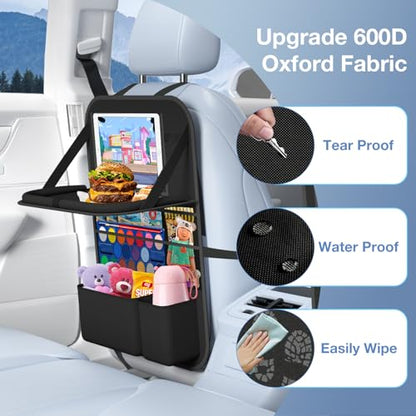 Car Backseat Organizer with Table Tray(2-Pack) 9 Storage Pockets Backseat Car Organizer and storage with Tablet Holder, Kick Mats Back Seat Cover for Kids family Road Trip Essentials Travel - style: 2 Pack with Food Tray-Black