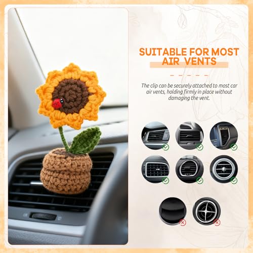 Crochet Sunflower Car Vent Clip, Cute Handmade Knitted Flowers Potted Cars Vent Clips, Automotive Interior Decoration for Women Girl (Sunflower, Yellow)