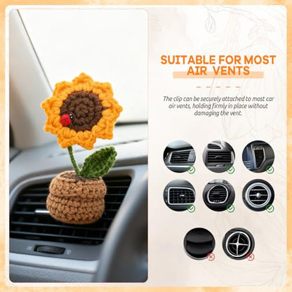 Crochet Sunflower Car Vent Clip, Cute Handmade Knitted Flowers Potted Cars Vent Clips, Automotive Interior Decoration for Women Girl (Sunflower, Yellow)