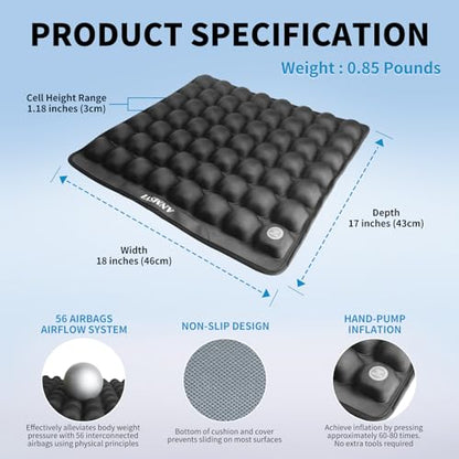 Air Inflatable Seat Cushion with Built-in Pump - Pressure Relief Wheelchair Cushion for Sciatica & Tailbone Pain - 441 lbs Capacity, Anti-Slip Pad for Car & Office Chair, 18x17 with Grey Cover