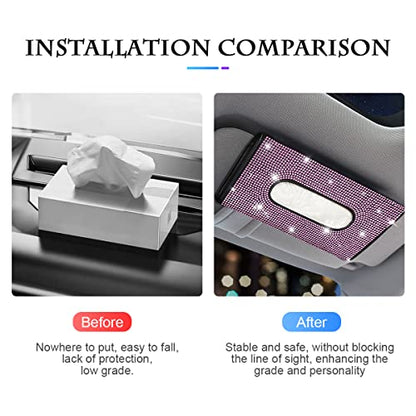 Bling Car Sun Visor Tissue Box Holder, Rhinestone PU Leather Crystal Sparkling Napkin Holder, Backseat Paper Towel Cover Case Car Accessories for Women (Pink)