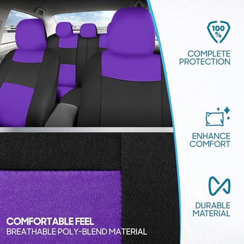 BDK PolyPro Car Seat Covers Full Set in Purple on Black, Front and Rear Split Bench Seat Covers for Cars, Easy to Install Car Seats Cover Set and Accessories for Auto Trucks Van SUV - Purple - color: Purple