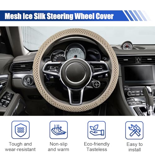 Elastic Stretch Steering Wheel Cover, 15" Breathable Microfiber Ice Silk Steering Wheel Protector, Universal Anti-Slip Car Warm in Winter&Cool in Summer Accessories for Men Women (Beige) - color: Beige