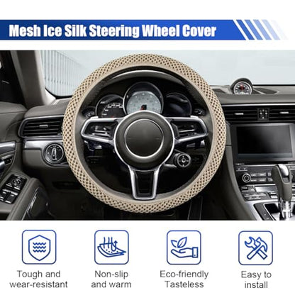 Elastic Stretch Steering Wheel Cover, 15" Breathable Microfiber Ice Silk Steering Wheel Protector, Universal Anti-Slip Car Warm in Winter&Cool in Summer Accessories for Men Women (Beige) - color: Beige