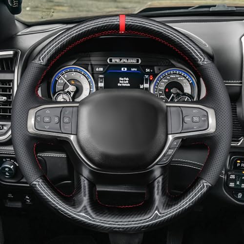 MEWANT Hand Stitch Black Real Leather Shiny PU Carbon Fiber Steering Wheel Wrap for Dodge Ram 1500 Laramie Big Horn 2021 - color: Black Genuine Leather&Shiny PU Carbon Fiber