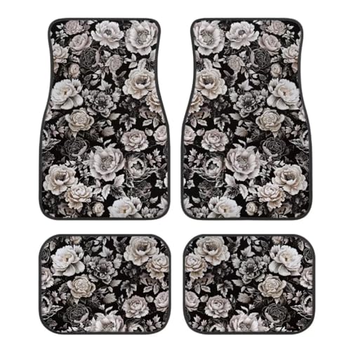 Black White Flowers Print Floral Car Floor Mats Suitable for Cars SUVs Trucks,All Weather Front & Rear Automotive Floor Mats,Universal Fit Design，4 Pieces - color: Black White Flowers