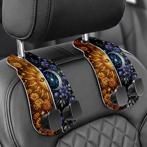 Purse Holder for Car, 2 Pack Heavy Duty Purse Hanger for Car, PU Leather Car Seat Hooks for Purses and Bags, Cute Sun Moon Headrest Organizer for Handbags & Backpacks - color: Car hook - Sun and Moon A