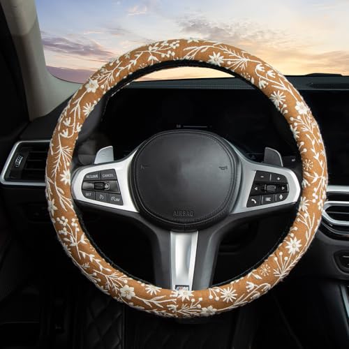 Brown Japanese Style Flower Steering Wheel Cover Auto Embroidery Steering Wheel Protector, Anti-Slip, Breathable, Absorbing Sweat, Universal Car Accessories 14.5–15 inch,Fit for Most Car, Trucks, SUV - style: Brown Japanese Style Flower JQ