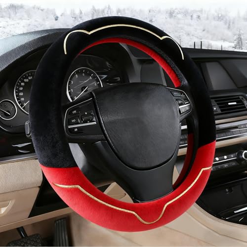 Cat Ears Plush Steering Wheel Cover,Universal 14.5-15 Inch Winter Plush Warm Steering Wheel Cover, Soft Fluffy, Anti-Slip Design, Soft Texture (Black+Red) - color: Cat Ears