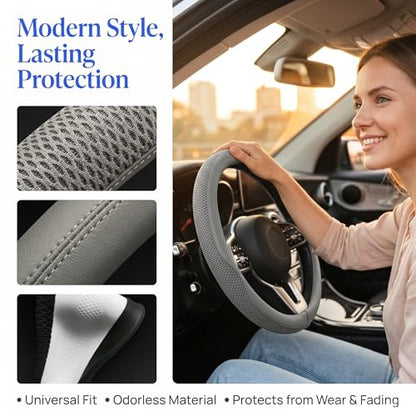 38cm Car Steering Wheel Cover, Universal 15 inch, Microfiber Breathable Ice Silk, Anti-Slip, Odorless, Easy to Install - color: GRAY
