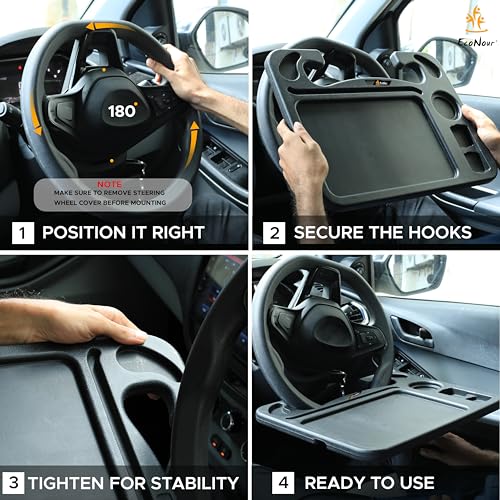 EcoNour 4 in 1 Car Steering Wheel Tray - 2026 Upgraded Tray with Dual Sauce Dip Holder and Tablet Holder | Spacious Steering Wheel Desk for Food and Laptop | Car Accessories (Large) - size: Large-Black