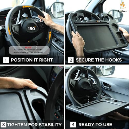 EcoNour 4 in 1 Car Steering Wheel Tray - 2026 Upgraded Tray with Dual Sauce Dip Holder and Tablet Holder | Spacious Steering Wheel Desk for Food and Laptop | Car Accessories (Large) - size: Large-Black