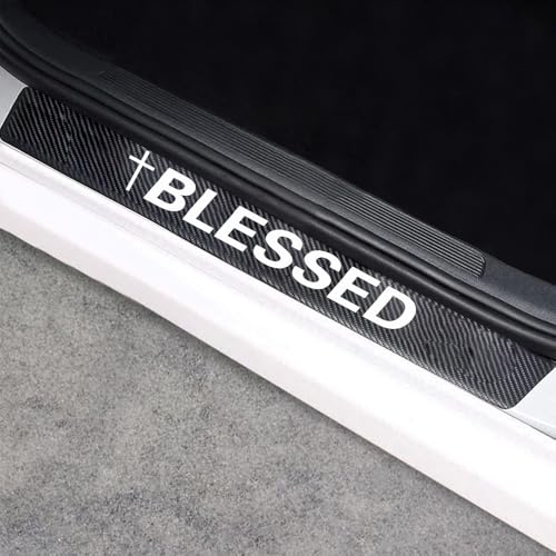 Universal Car Door Sill Protectors Blessed Car Accessories 4Pcs Carbon Fiber Vinyl Threshold Decorative Scuff Plate,Anti-Scratch, Anti-Dirty, Waterproof - color: door-funny-blessed