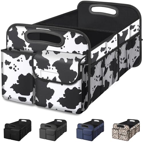 Car Trunk Organizer, Cow Print, Vintage Style, 52L Capacity, 4 Compartments, Waterproof, Non-Slip, Collapsible, 22.5"D x 18"W x 10.8"H - color: Cow print, size: Standard