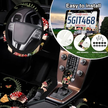 Fabbay 26 Pcs Mushroom Car Seat Covers Set with Protectors Steering Wheel Seat Belt Cover Floor Mat Armrest Cushion Key Chains Auto Interior Accessories for Women(Dark) - style: Dark