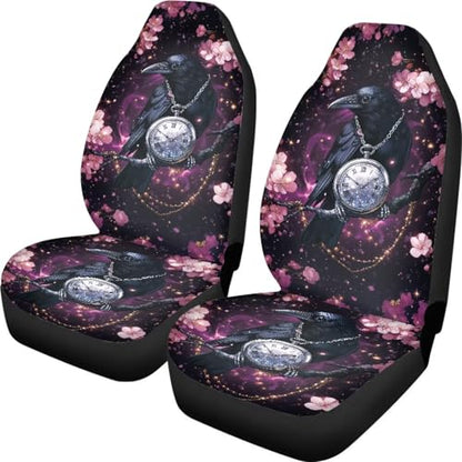 Crow Cherry Blossom Clock Print Universal Car Seat Covers Full Set of 2, Non-Fading Auto Front Bucket Seats Protector Washable Bucket Seat Covers Fit for SUV, Van, Truck, Sedan - color: Crow Cherry Blossom Clock