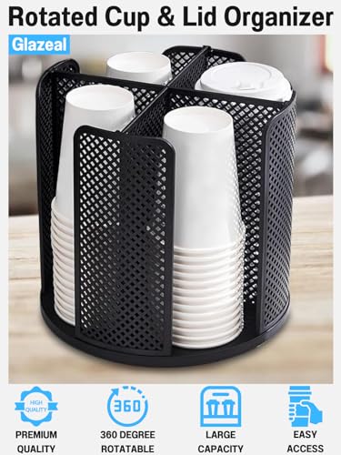 Rotatable Cup and Lid Organizer with 4 Compartments, Coffee Cup Dispenser for 5-16 oz Paper Cup Storage Organizer for Home Countertop Bathroom Kitchen Coffee Shop Restaurant Bar Office