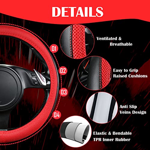 CAR PASS 3D Air Mesh Car Seat Covers Full Sets w/5mm Sponge, 4Pcs Waterproof Car Floor Mats, Steering Wheel Cover Universal Fit for SUV Sedan Truck, Airbag Compatible Automotive Interior(Black & red) - color: Red Combo