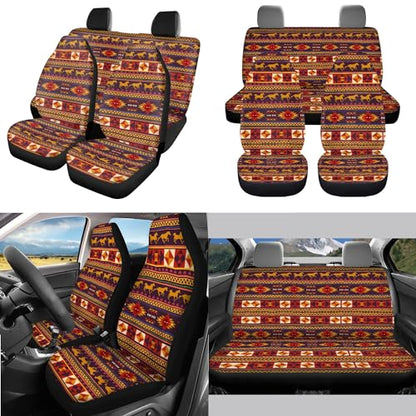 Horeset Aztec Tribal Style Antique Car Seat Cushion Full Set of 11pcs with Lanyards Key Holder,Bottle Holder Pad,Cars Headrest Protector,Gear Shift Knob and Handbrake Cover for Daily Outside Travel - color: Aztec Tribal Style Antique