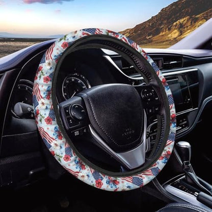 AFPANQZ 4th of July Steering Wheel Cover for Cars Universal Fit 14 to 15 inch, American Flag Tropical Flower Pattern Car SUV Sedans Accessories Steering Wheel Protection Sweat Absorption - color: American Flag Tropical Flower Pattern