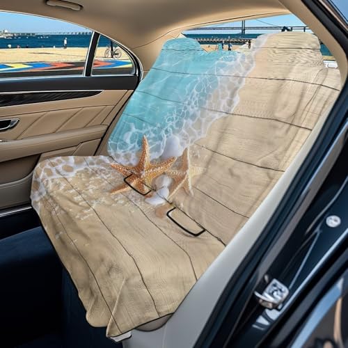 Beach Starfish Seashell Wood Print Back Seat Cover Waterpoof Rear Bench Towel Seat Cover for Gym Swimming Surfing Running, Non-Slip Rear Seat Protector Universal Fits Auto Truck Van SUV - color: Beach Starfish Seashell Wood